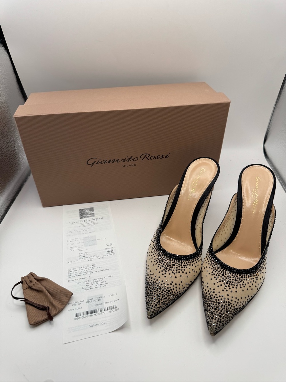 Gianvito Rossi Crystal Embellished Mesh Pointed Toe Mules Heels Size 36.5